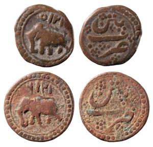 Tipu Sultan, Copper ½ Paisa (2), 5.45g & 5.62g, Patan Mint, AM 1215 & 1216 (KM 122.1). Abo