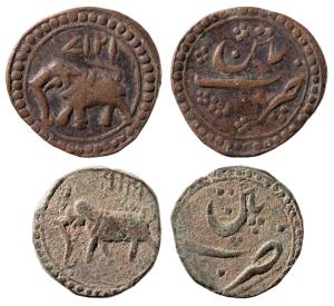 Tipu Sultan, Copper ½ Paisa (2), 5.53g, Patan Mint, AM 1217 & 1219 (KM 122.1). Very Fine+ 
