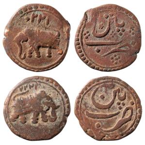 Tipu Sultan, Copper ½ Paisa (2), 5.65g & 5.49g, Patan Mint, AM 1220 & 1222 (KM 122.1). Fin