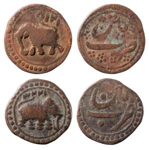 Tipu Sultan, Copper ½ Paisa (2), 5.45g & 5.39g, Patan Mint, AM 1218 & 1223 (KM 122.1). Fin