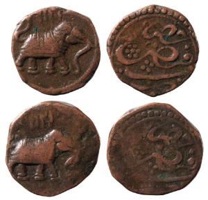 Tipu Sultan, Copper Paisa (2), 11.15g & 11.32g, Faiz Hisar Mint, AM 1216 (KM 43.3). Very F
