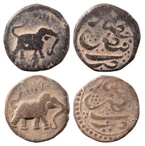 Tipu Sultan, Copper Paisa (2), 10.88g & 10.99g, Faiz Hisar Mint, AM 1217 (KM 43.3). Fine+.