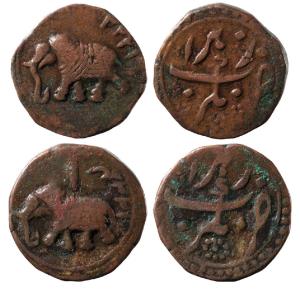 Tipu Sultan, Copper Paisa (2), 11.26g & 11.33g, two different types, Nagar Mint, both AM 1