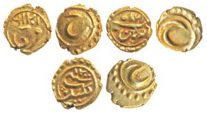 Tipu Sultan, Gold Fanam (3), Patan, Kalikat and Farukhi Mint, ME 1215, 1200 and 1216, Pers