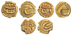 Tipu Sultan, Gold Fanam (3), Patan, Kalikat and Farukhi Mint, ME 1218, 1199 and 1218, Pers