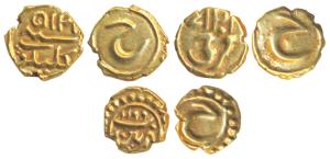 Tipu Sultan, Gold Fanam (3), Patan, Kalikat and Farukhi Mint, ME 1199, 1215 and 1217, Pers
