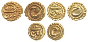 Tipu Sultan, Gold Fanam (3), Patan Mint, AM 128, 1219 and the third with only two digits o