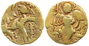 Kidara Kushanas (c. 4th century AD), Base Gold Dinar, 7.72g, obv. king nimbate standing fa
