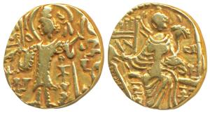 Kidara Kushanas, Base Gold Dinar, 7.53g, obv. king nimbate standing facing head to left, o