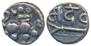 Yadavas of Devagiri, Mahadeva (1261-1270 AD), Silver Fanam, 0.93g, obv. stylised lion to r