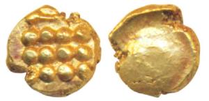 Kunigal of Coonghul, Gold Fanam, 0.39g, obv. Vira Raya design; rev. globule (Herrli 1.08.0