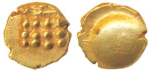 Kunigal of Coonghul, Gold Fanam, 0.34g, obv. Vira Raya design; rev. globule (Herrli 1.08.0