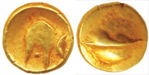 Anonymous, Hudki Gold Pagoda, 3.36g, a boat like uncertain symbol on obv., possibly the Go