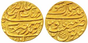 Aurangzeb, Gold Mohur, 11g, Bandar-i-Mubarak Surat Mint, RY 2, badr-i-munir type (KM 315.4