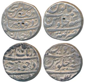 Aurangzeb, Silver Rupee, 11.33g &11.36g, Tatta Mint, AH 1081/13 & 1074/6 (KM 300.87). Very