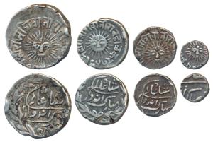 Shivaji Rao Holkar (VS 1943-1960; 1886-1903 AD), set of 4, Silver Rupee, ½, ¼ and 1/8, Ind