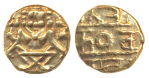 Krishna Raja Wodeyar (AH 1225-1285; 1810-1868 AD), Gold Fanam, 0.38g, obv. seated Narasimh
