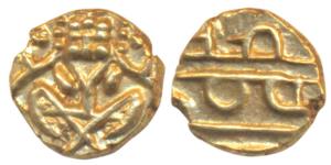 Krishna Raja Wodeyar, Gold Fanam, 0.38g, obv. seated Narasimha, rev. Kanarese legend Kanth