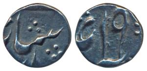 Murshidabad Mint struck at Calcutta, Silver 1/16 Rupee, 0.69g, in the name of Shah Alam II