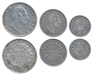William IV, set of 3, Silver Rupee, ½ & ¼, 1835, the first with no initials, the second an