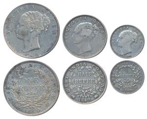 Victoria Queen, set of 3, Silver Rupee, ½ and ¼, 1840, continuous legend. Very Fine to Abo