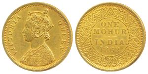 Victoria Queen, Gold Mohur, 1862, single flower in bottom panel of jabot, without V in Jab