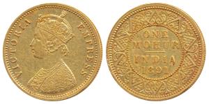 Victoria Empress, Gold Mohur, 1891, V in Jabot (Prid 24). About Extremely Fine, Rare.