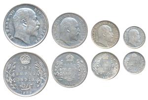 Edward VII, set of 4, Silver Rupee, ½, ¼ and 2 Annas, 1905, 1910, 1906 and 1905. Uncircula