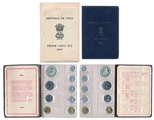 1969 Proof Set, Gandhiji Birth Centennial, set of 9, 1 Paisa to Rupees 10, Bombay Mint. In