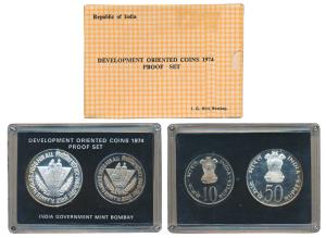 1974 Proof Set, Planned Families Food For All, set of 2, Rupees 10 and 50. In immaculate c