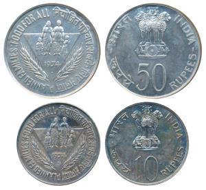 1974 Uncirculated Set, Planned Families Food For All, set of 2, Rupees 10 and Silver Rupee