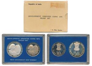 1975 Proof Set, Equality Development and Peace, set of 2, Rupees 10 and 50. In immaculate 