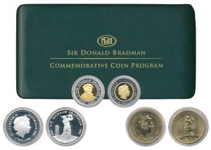 Australia, Sir Donald Bradman, set of 3 Proof, Silver $5, 31.1g; Bi-metal Gold and Silver 