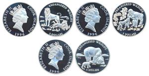 Cook Island, Elizabeth II, Silver $5 (3), 31.5g each (total 94.5g), 1996, Endangered Wildl