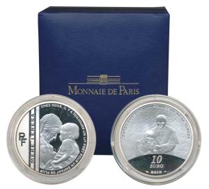 France, Mother Teresa, Silver 10 Euros, 2010, Mother Teresa holding a child on obv., with 