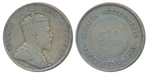 Strait Settlements, Edward VII, Silver 50 Cents, 1903 (KM 23). About Very Fine, Scarce.