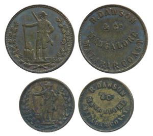 Bombay Presidency, Brass Token (2), 5.29g & 3.15g, obv. inscribed R. DAWSON & CO MANGALORE