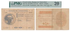 French India, Banque De L’Indochine, Rupee 1, Pondicherry, 1938, profile portrait of Maria
