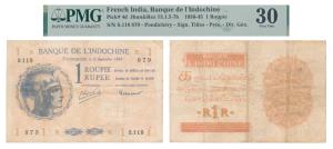 French India, Banque De L’Indochine, Rupee 1, Pondicherry, 1945, profile portrait of Maria