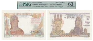 French India, Banque De L’Indochine, Rupees 5, Pondicherry, perforated Specimen across, Se
