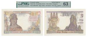 French India, Banque De L’Indochine, Rupees 5, Pondicherry, perforated Specimen straight, 
