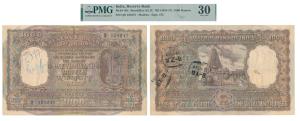 Rupees 1000, 1st issue, 1954, Madras, signed B. Rama Rau, value in Hindi reads Rupaya (J&R