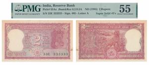 Rupees 2, signed R. N. Malhotra, fancy numbers, 333333, Bengal Tiger on the rev. (J&R 6.2.