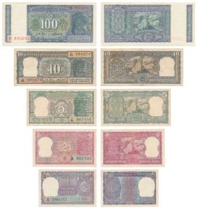 Rupees 1, 2, 5, 10 and 100, 1969 and 1970, signed I. G. Patel, L. K. Jha and B. N. Adarkar