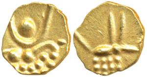 Vira Raya, Coorg, Gold Fanam, 0.38g, obv. stylized lion standing right with crescent above