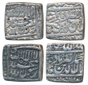 Akbar, Silver Square Rupee (2), Ahmedabad Mint, AH 986; Fathpur mint AH 991, Kalima type, 
