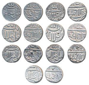 Akbar, Silver Rupee (7), Ahmedabad Mint, Illahi type, Month Aban, Year 46; Month Azar, Yea