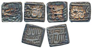 Akbar, Silver Square Rupee (3), mint name off flan, Kalima type, AH 994 & 995 (KM 82.1); m