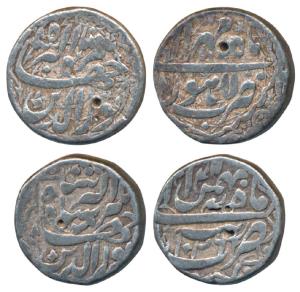 Jahangir, Silver rupee (2), 11.21g, Lahore Mint, Month Mihir, RY 8 (KM 149.16); 11.20g, Ta