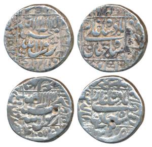 Shah Jahan, Silver Rupee (2), 11.32g and 11.40g, Bhakkar Mint, AH 1057/21; Surat Mint (mos